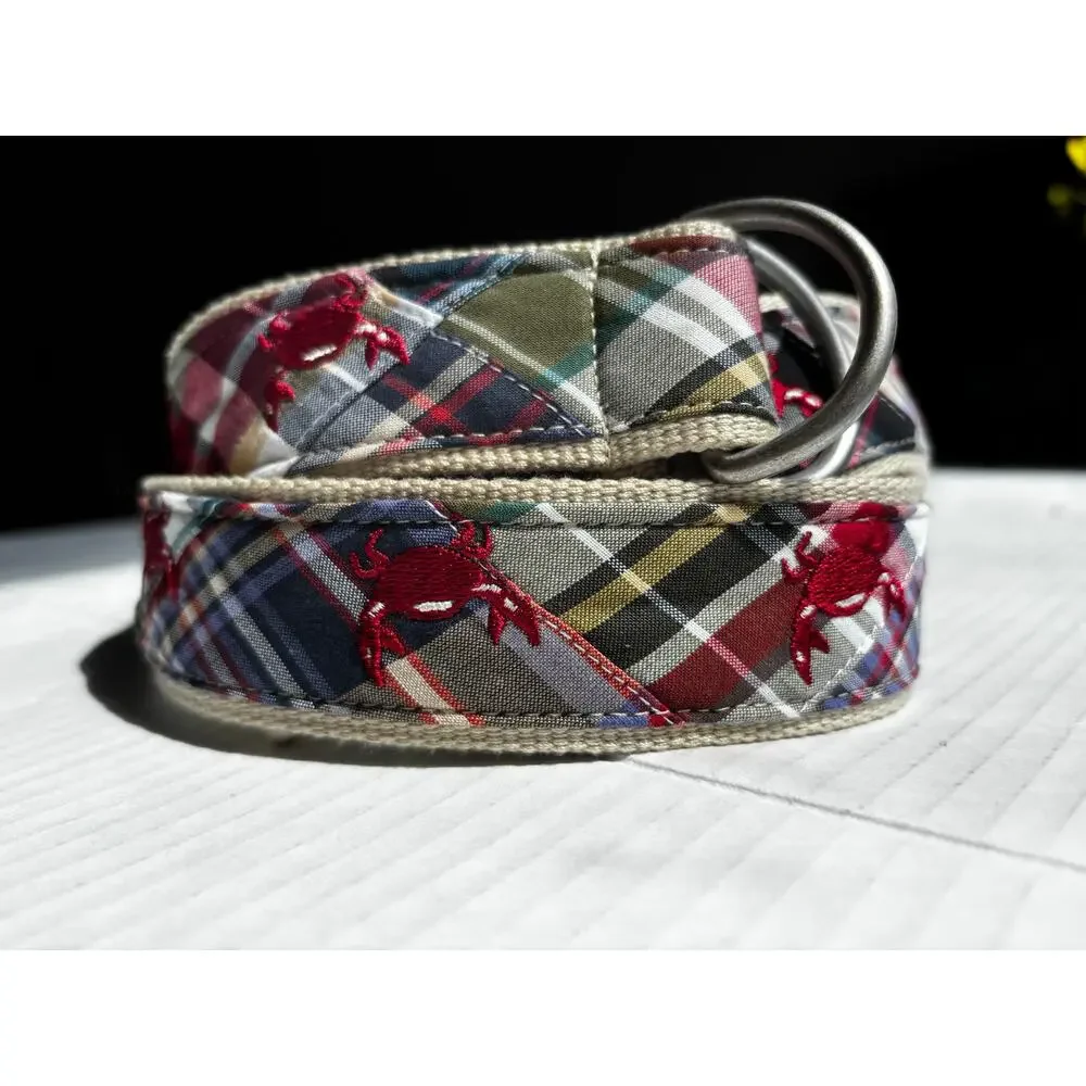 L.L. Bean Womens S/M Madras Plaid Patchwork Embroidered Crab Belt D-Ring Canvas